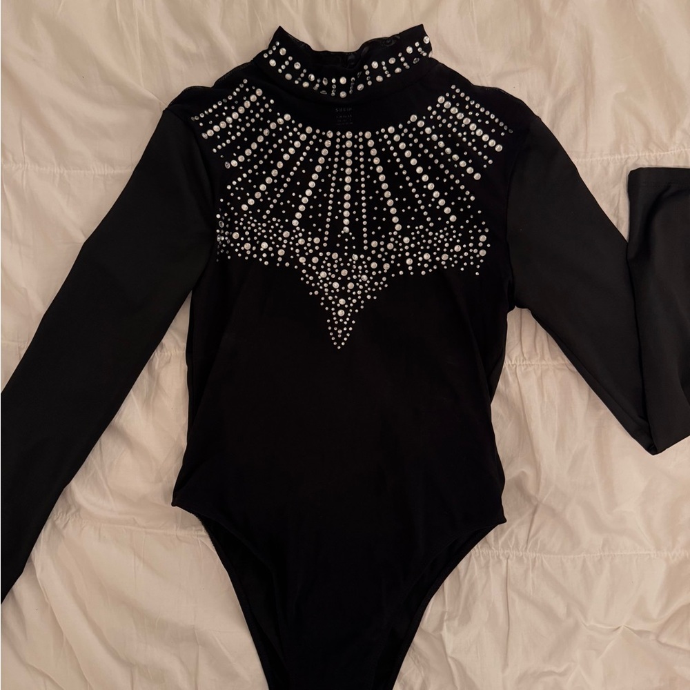 Black Long Sleeve Bodysuit with rhinestones